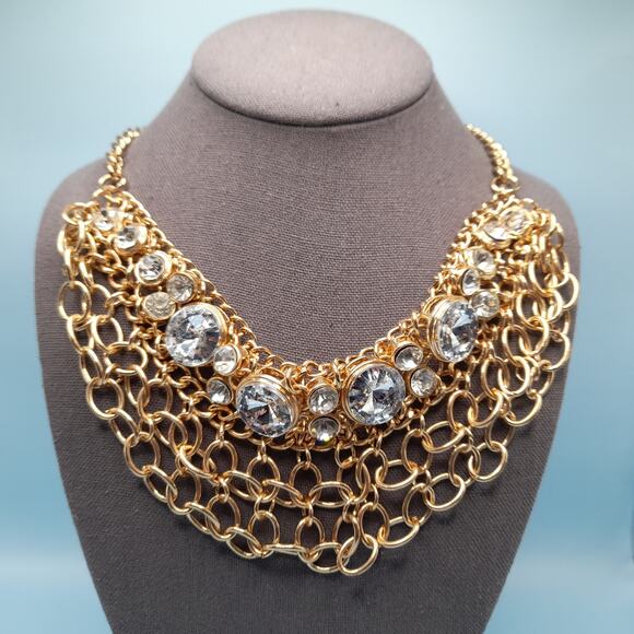 Headlights Clear Rhinestone Gold Tone Chain Bib Necklace, 21 Inches, 6 Ounces - Picture 1 of 11